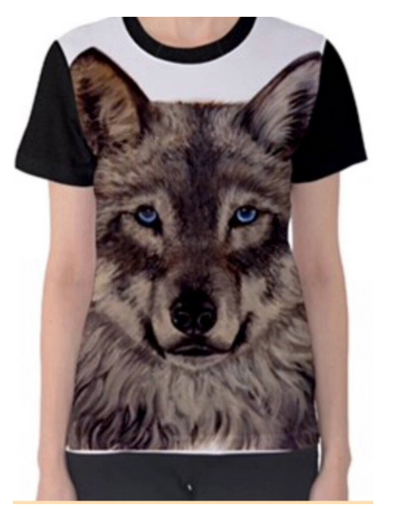 LADIES WOLF FULL PRINT T SHIRT INBLUE AND BLACK - SMALL BLUE WOLF TS image 8